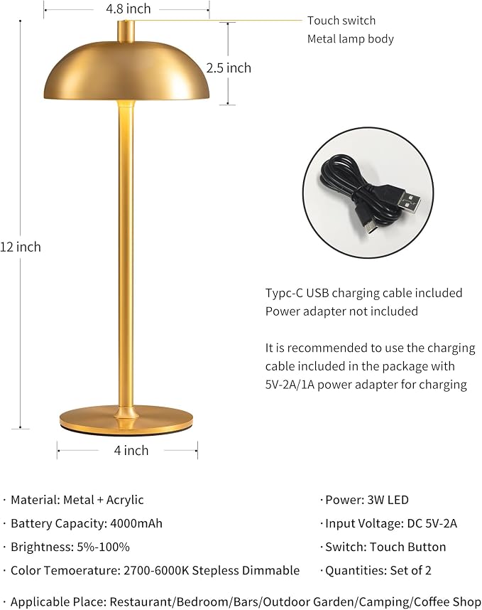 12" Cordless Table Lamps Set of 2, Gold Modern Portable Desk Lamp | LED, 3 Color Dimming, Rechargeable, Battery Operated Lights for Bedroom, Outdoor, Restaurant, Bedside, Night Light, Gifts