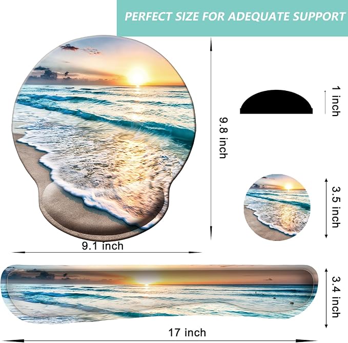 Keyboard Wrist Rest Pad Mouse Pad with Wrist Support Set of 3, Mousepad with Non-Slip Rubber Base, Ergonomic Memory Foam Mouse Wrist Cushion Support for Home Office Laptop Computer Gaming, Beach