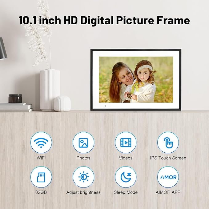 Digital Picture Frame, 10.1 Inch Digital Photo Frame with 1280 * 800 HD IPS Touch Screen, Smart Digital Frame Built-in 32GB Memory, Auto-Rotate Easy Setup Share Photos & Videos via AiMOR App