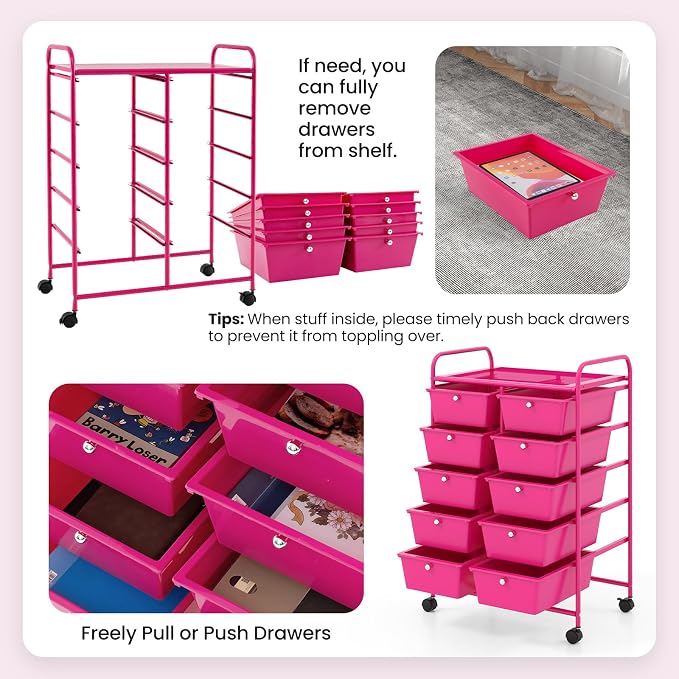 BECOMFORT 10-Drawer Rolling Cart with Drawers, Storage Cart on Wheels, Teacher Classroom Organizers with Metal Frame, Mobile Craft Cart, Trolley Utility Cart for School Office Play Room