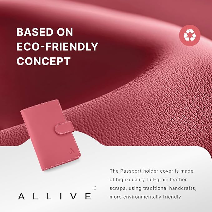 ALLIVE passport holder for travel family of 4, RFID Blocking Passport Wallet Document Organizer for Women & Men, Genuine Leather Cover with AirTag holder, Airport Essentials, Travel Gift (Rose Pink)