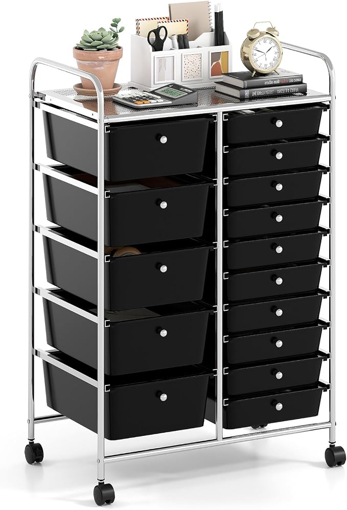 RELAX4LIFE 15-Drawer Rolling Storage Cart - Utility Cart with Metal Frame, Lockable Wheels & Removable Drawers, Multipurpose Art Craft Organizer for Home Office, Classroom (Black)