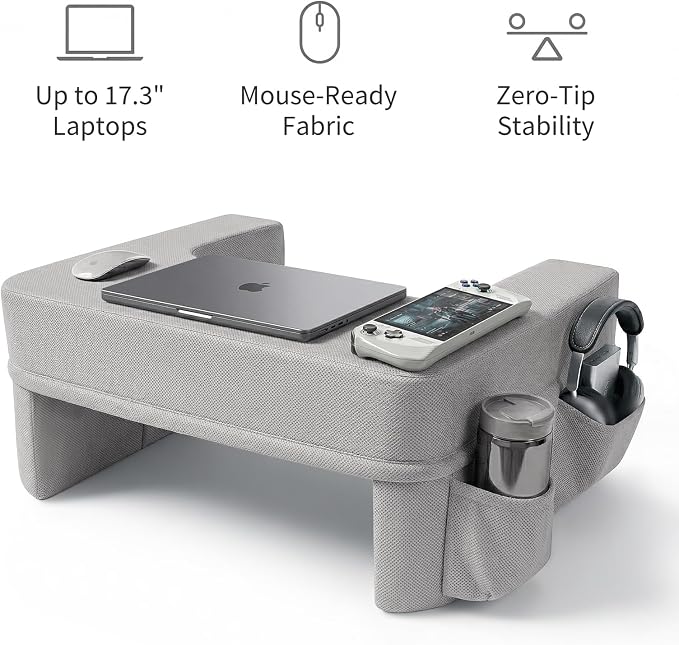 septsun Lap Desk Pillow, Large Ergonomic Couch and Bed Desk for Laptop | Gray Soft Foam Workstation for Gaming, Reading, WFH Fits 13-17" Laptop; Armrest Support, Smooth Mouse Area, Large Pockets