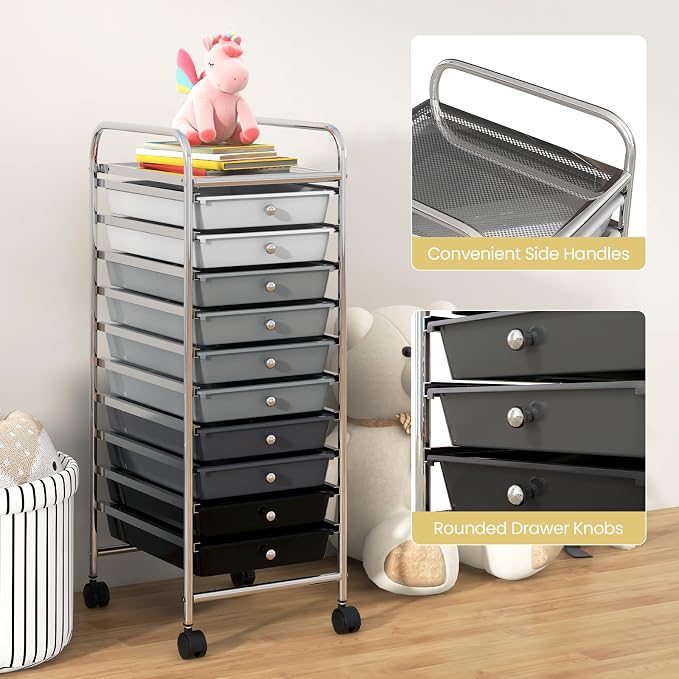COSTWAY 10-Drawer Rolling Storage Cart, Utility Mobile Trolley | Removable Drawers & Universal Casters & 2 Brakes, Versatile Flexible Drawer Organizer Cart for Home, Office (Mixed Black)