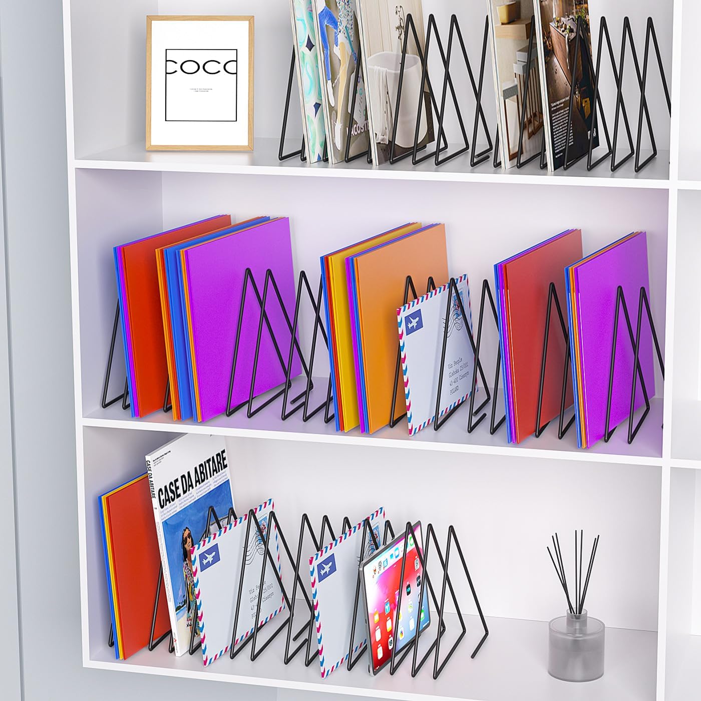 2 Pcs Triangle Desk File Organizer, 7 Slots Desktop Magazine Holder File Sorter,Metal Documents Rack Bookshelf Organizer for Office School Home, Black