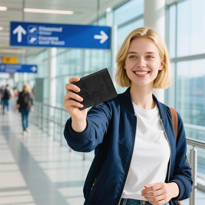 Passport Holder for Travel Essentials, Black Leather Passport Cover, Passport Wallet Holders for Women Men Family Travel Gifts Must Have Accessories, Credit Card Cash Air Ticket Storage Supplies
