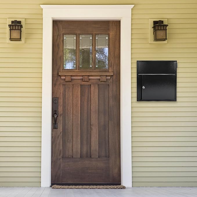 Large Wall Mount Mailbox with Lock and Outgoing Mail Flag for Outside, Steel Locking Security Mail Box with Number Stickers for House Outside, 14.8" x 6.9" x 15.4", Rainproof, Black