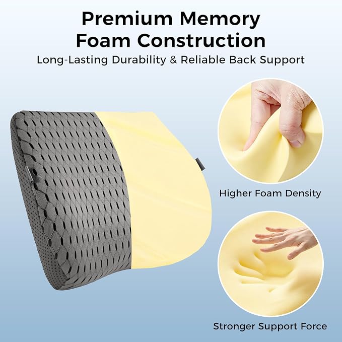 Lumbar Support Pillow for Car & Office Chair - High-Density Memory Foam for Sciatica & Lower Back Pain Relief - Non-Slip Back Support Cushion for Long Commutes & Desk Workers (4D Mesh Gray)