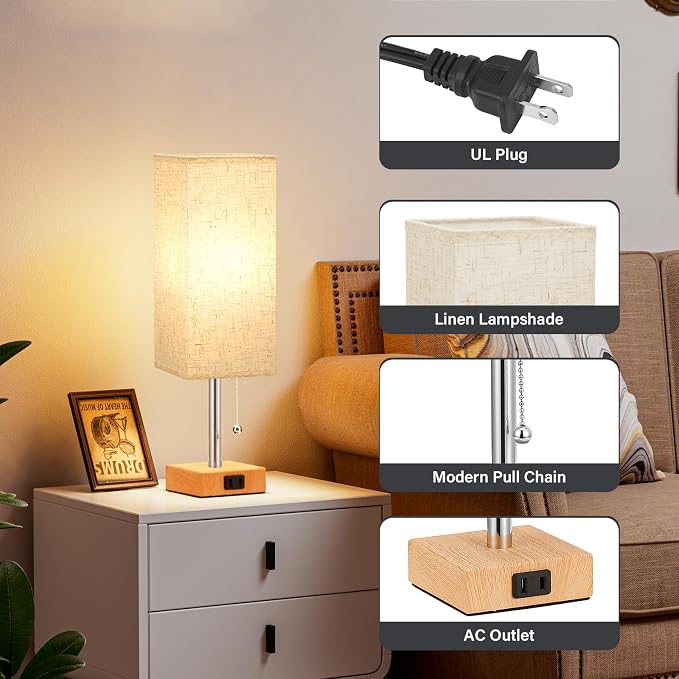 Bedside Lamp for Bedroom Set of 2 - Small Table Lamp for Nightstand | AC Outlet, 3 Color Temperatures, LED Bulb Included, Pull Chain Design, 14" Rectangular Desk Lamp for Dorm/Office, 2-Pack
