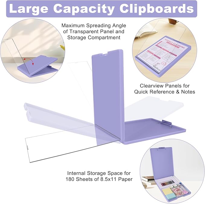 Meiikun Clipboard with Storage, Plastic Clip Boards 8.5x11 Folder with Clear Panel for Dry Erase Quick Reference, Clip Board Storage Clipboards Case for Teacher School Office Supplies (Pale Purple)