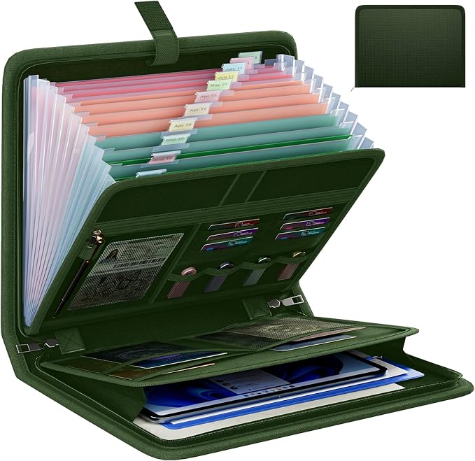 Fireproof Accordion File Organizer, Expanding File Folder with 13 Pockets | Portable Document Organizer with Waterproof Zipper & Labels, File Organizer for Important Document/Paper Storage, Green