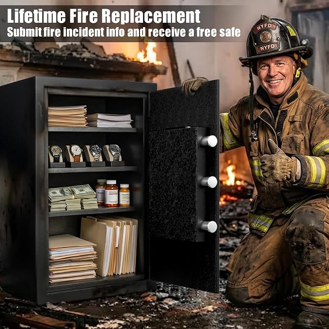 35Min Real Fireproof Safe Box, 23.4'' Tall Home Safes Water and Fireproof with Keys & Pass Code, 3-Removable Shelf and Smart Alert, Fire Proof Safe for Home Document Jewelry Valuables