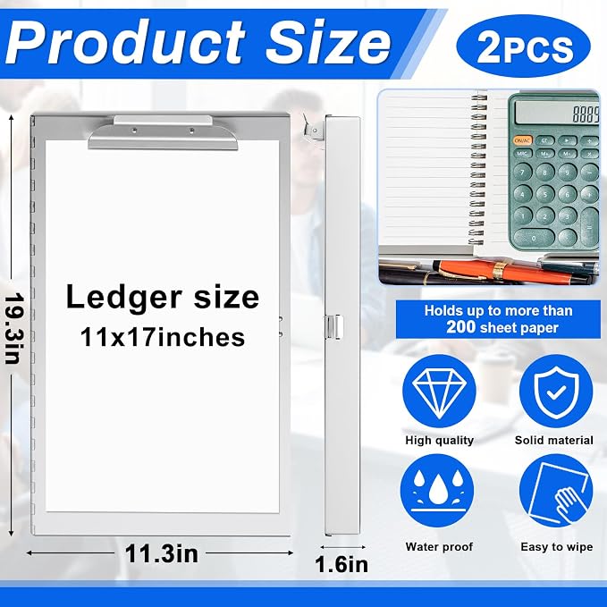 2 Pcs Aluminum 11'' x 17'' Clipboard with Storage Heavy Duty Metal Lightweight Form Holder with Capacity Clip 1 Compartment Clipboard for Student Teacher