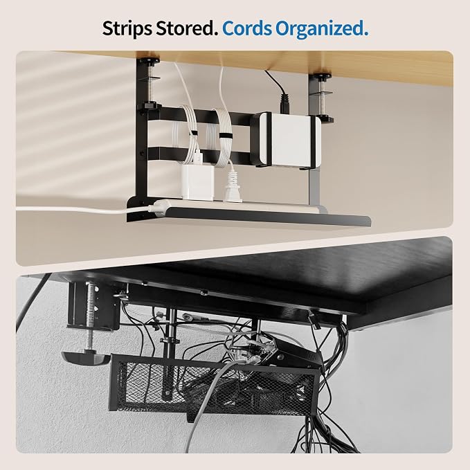 Yecaye Metal Under Desk Cable Management Tray, Clamp-On Desk Shelf | No Drill Mount; Anti-scratch Padded Clamps; Dual Wrap Bars; Fits Standing Desks; Metal Structure for Office Cable Storage;
