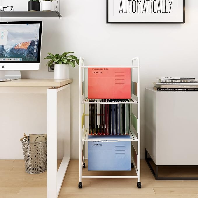 PUNCIA 3-Tier Metal File Cart with Wheels Pull-Out Rolling Folder Organizer | White Mobile Hanging File Cabinet for Letter Documents Home Office Storage Easy to Move and Access