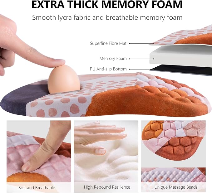 Ergonomic Mouse Pad & Keyboard Wrist Rest Set, Memory Foam | Memory Foam Wrist Cushion, Non-Slip PU Base, Massage Design, Relieves Wrist Pressure for Work, Gaming & Office Use,Boho
