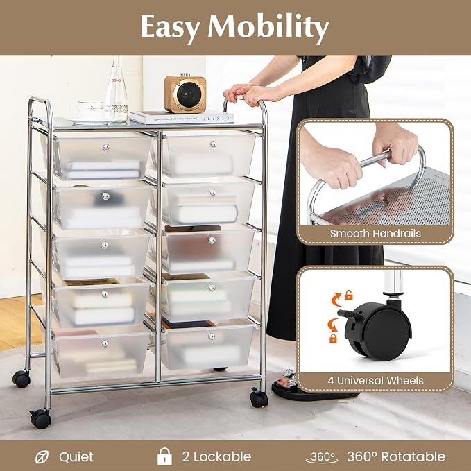 RELAX4LIFE Rolling Storage Cart with 10 Drawers - Craft Storage Cart with Lockable Wheels,Utility Cart, Art Cart Organizer for Crafting Storage, Studio, Office, Home, School Rolling Drawer Cart