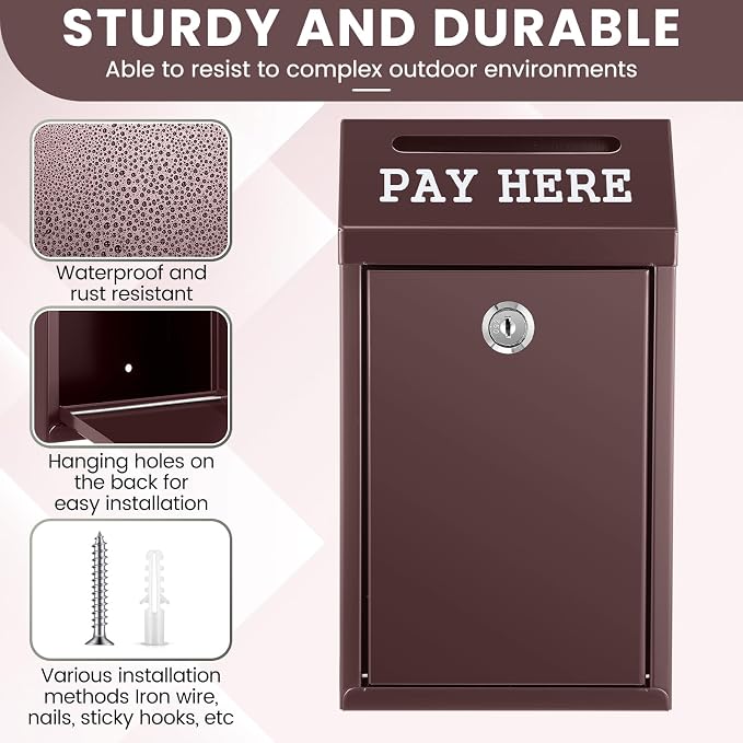 Yaocom Safe Metal Cash Box for Farm Stand – Money Drop and Secure Donation Collection, Wall Mount Lockable Unit with Pre Drilled Holes for Outdoor Self Serve(Brown,10.2 x 5.7 x 2.8 Inch)