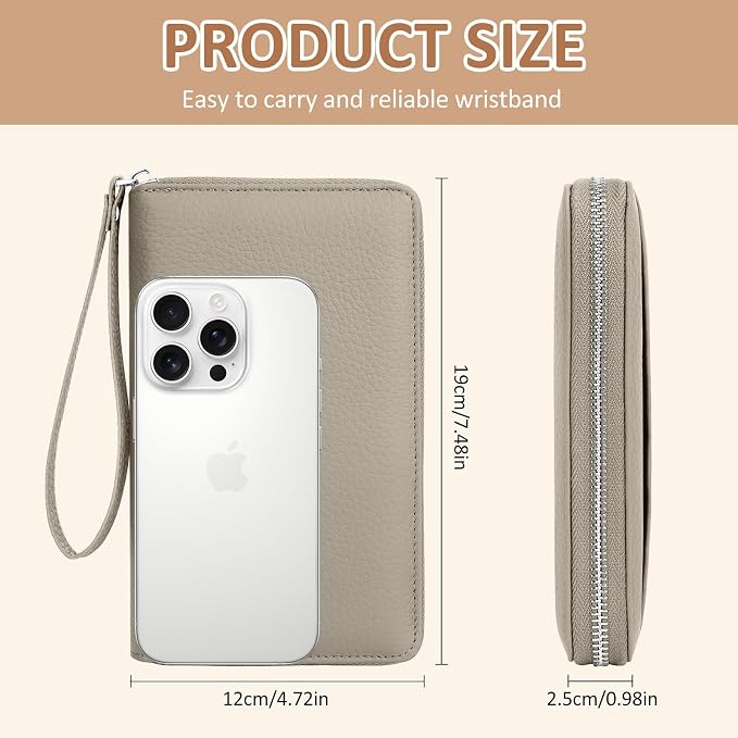 RFID Passport Holder for Travel Family with Coin Pocket,E-Grey | Leather Passport Cover for 2, Travel Document Organizer with Wrist Strap & 24 Card Slots, for Women Men