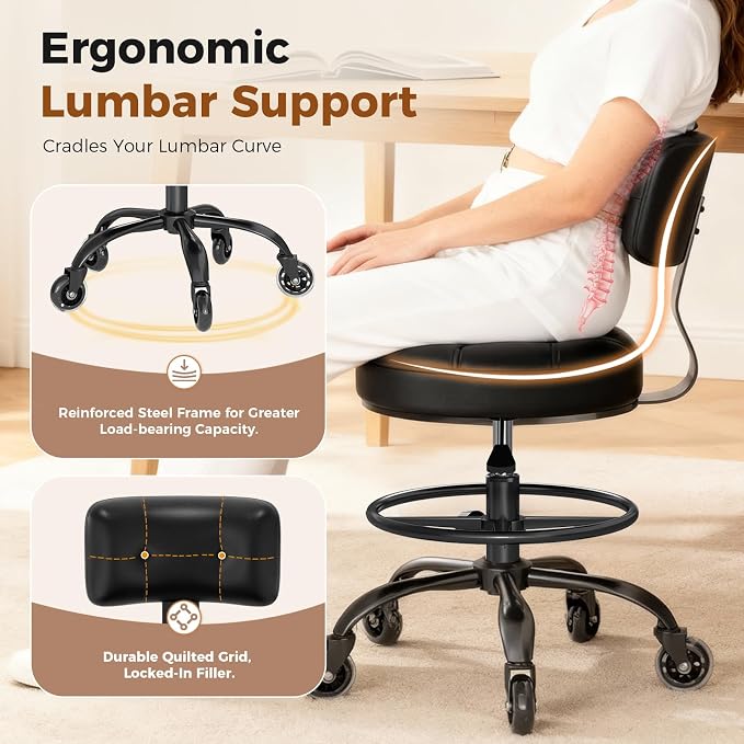 Office Drafting Chair with Footrest, Tall Height Adjustable Stool with Back Support, Heavy Duty Rolling Stool Chair with Wheels for Office Home Kitchen Bar Shop Guitar Studio Vanity, Black