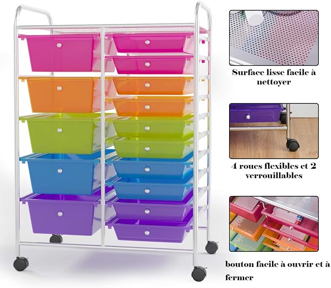 RELAX4LIFE 15 Drawer Rolling Storage Cart, Mobile Drawer Carts for Craft Art Supply Paper Salon, Utility Cart on Wheels for Classroom Teacher School Office, Rolling Cart with Drawers (Color)