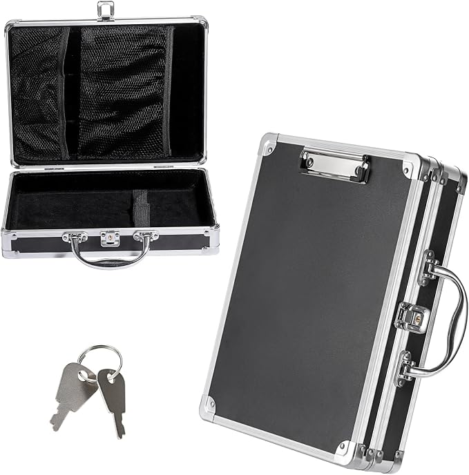 Clipboard Storage Box with Key Lock, Aluminum Case with Metal Clip | 12x9 Inch Small Briefcase, Portable Handle, Heavy Duty Clipboard Case, A4 Paper Organizer, for Office Business Men, Silver