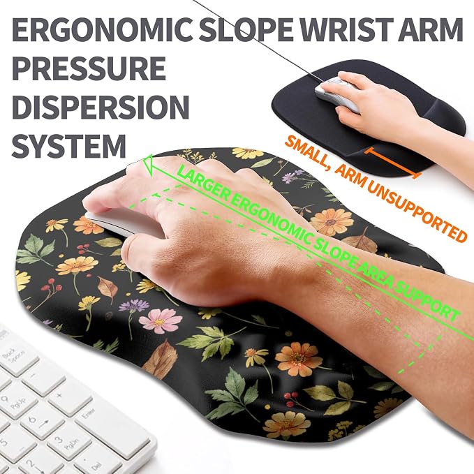 Ergonomic Slope Mouse Pad Wrist Support, Wrist Rest Mousepad for Carpal Tunnel Pain Relief with Massage Bulge and Slow Rebound Memory Foam (12x8 inch, Flowers and Leaves)