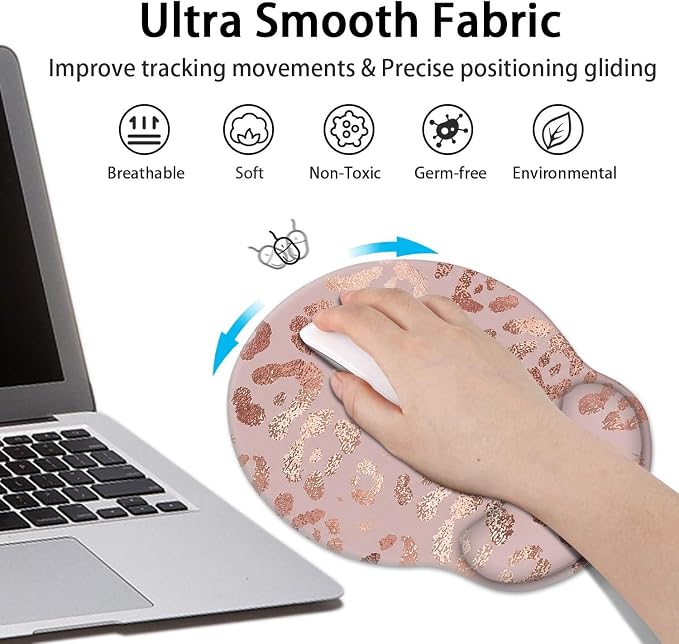 Ergonomic Mouse Pad Set with Wrist Rest, Leopard Rose Gold Pink | Non-Slip Rubber Base Wrist Cushion Support and Coasters Mousepad with Wrist Support for Computer Keyboard