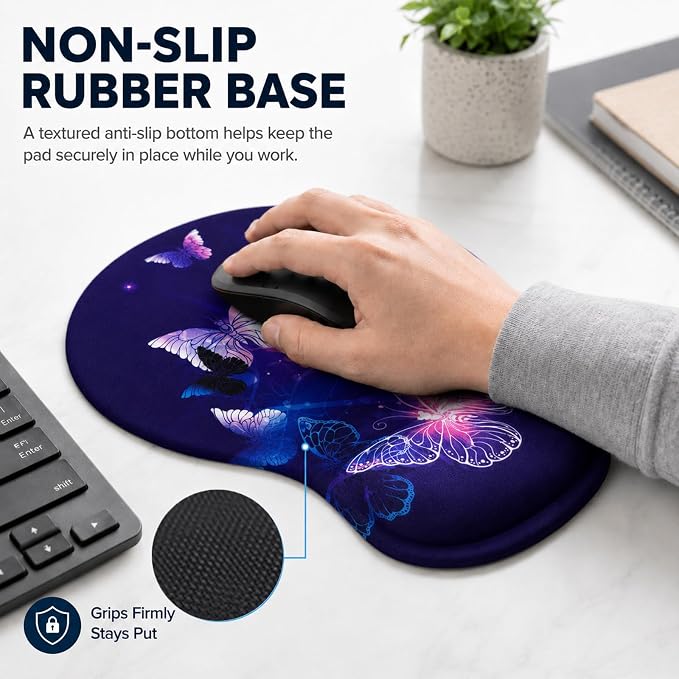 Mouse Pad with Wrist Rest Ergonomic Memory Foam Support, Non-Slip Rubber Base, Comfortable Typing Cushion for Home Office Computer Laptop, Butterfly