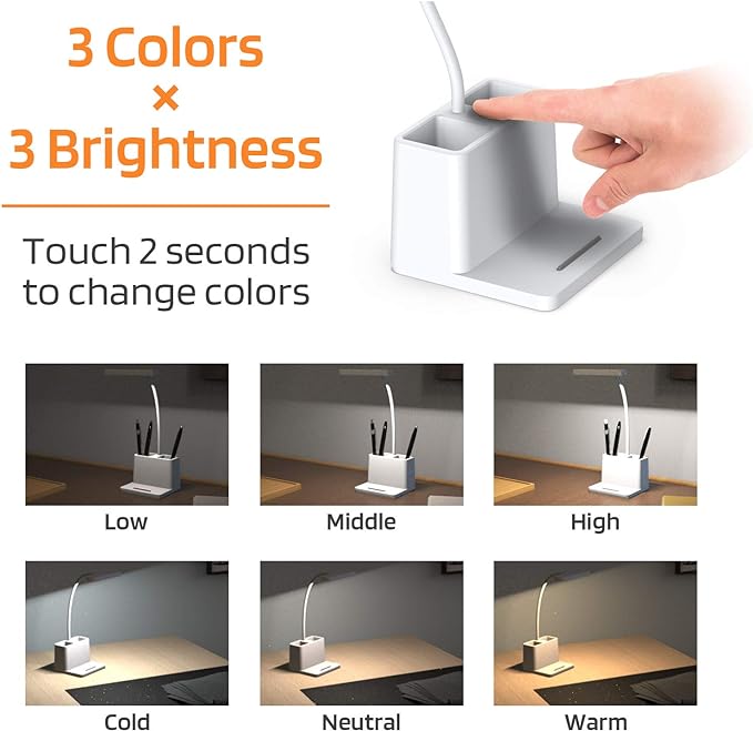 Small Desk Lamp, Rechargeable Cute Table Light for Kids Teens | for College Dorm Room, Home Office, Bedroom, White, LED, Pen Holder, Mini, Gooseneck, Computer Task, Desktop Study