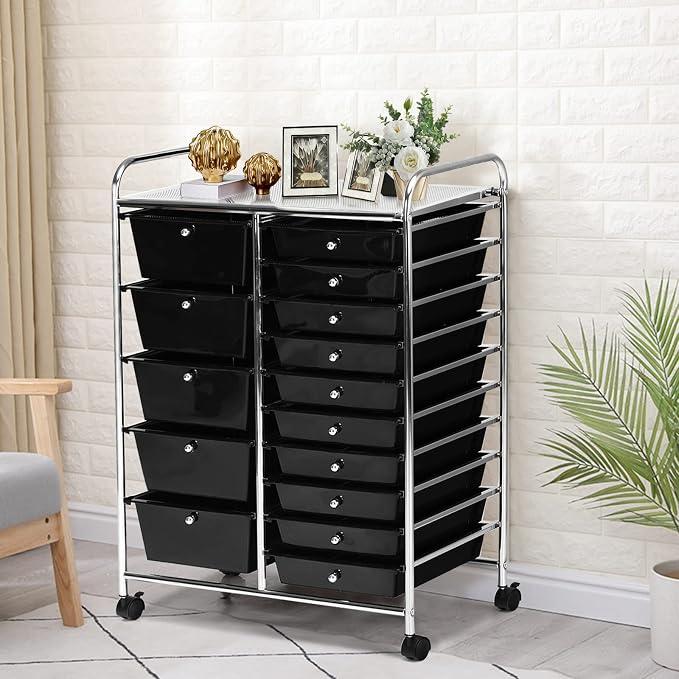 GLACER 15 Drawers Rolling Storage Cart, Steel Frame Craft Organizer Cart | Utility Cart w/Lockable Wheels & Sleek Handle, Mobile Art & Tool Supply Trolley for Teacher, Home, School, Office (Black)