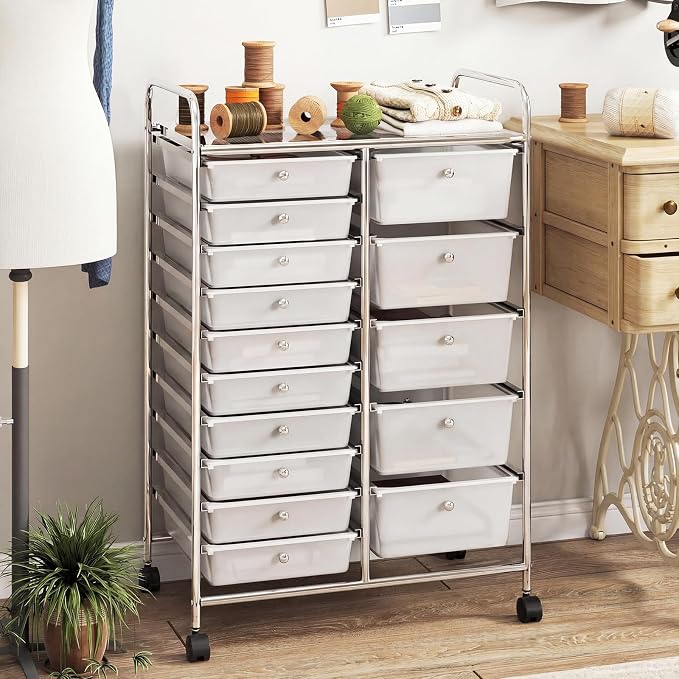 RELAX4LIFE 15-Drawer Rolling Storage Cart - Utility Cart with Metal Frame, Lockable Wheels & Removable Drawers, Multipurpose Art Craft Organizer for Home Office, Classroom (Clear)