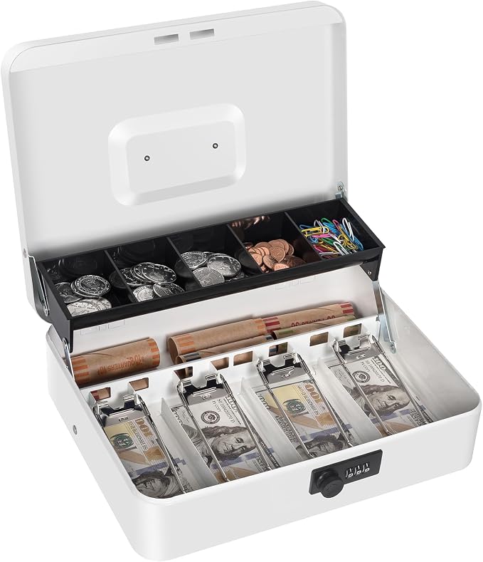 Cash Box with Combination Lock, Metal Money Box for Cash Register, Large Cash Lock Box for Money Safe 11.8" x 9.4" x 3.54" White
