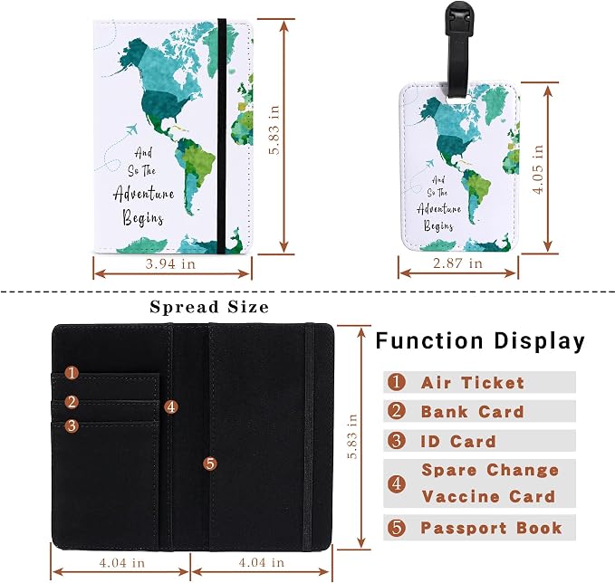 PDE-QUNLIAN Passport Book Holder,Passport Wallet for Men Mr and Mrs Passport Holder for Women Passport Cover World Map Passport Case for Couples Christmas Traveling Luggage Tag 2PCS