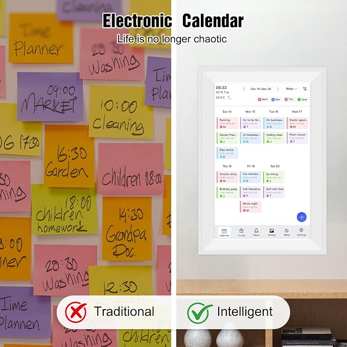 15.6" Smart Digital Wall Calendar Interactive Display for Family Schedules Wall Planner with Chore Charts Meal Planning Task Rewards 64GB Storage 1920x1080P IPS Touchscreen Digital Picture Frame White