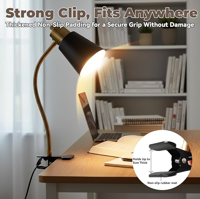 Desk lamp Eye-Caring Table Lamps, 360°Rotation Gooseneck Clip on Lamp Reading Light, Portable Reading Book Light, Clamp Light, Study Desk Lamps for Bedroom and Office Home Lighting (Black and Gold)