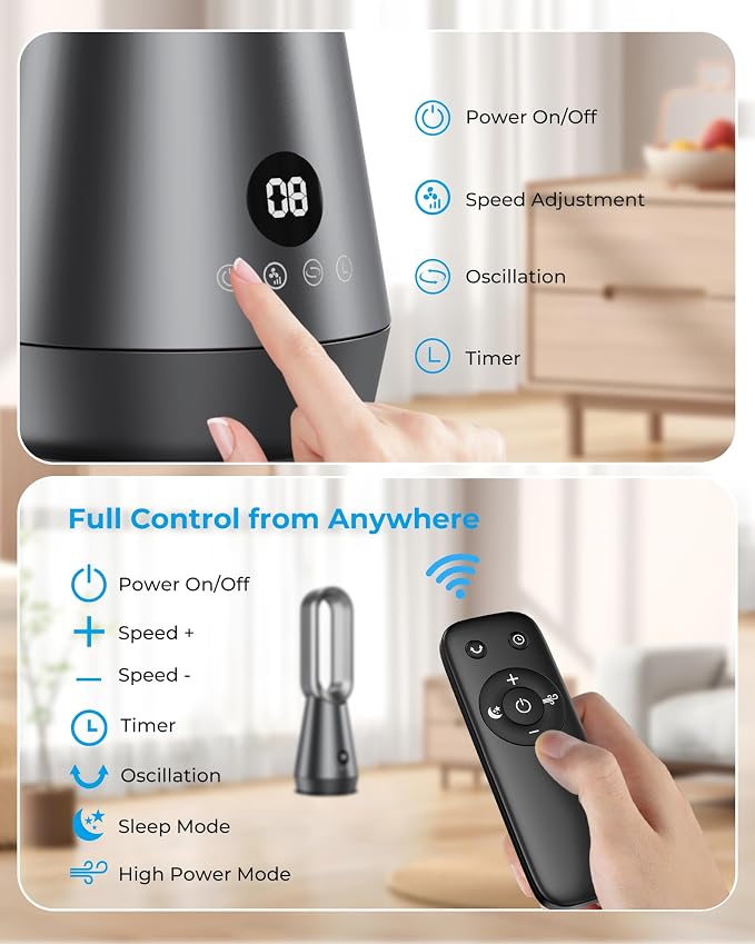 22" Small 32dB Silent Bladeless Tower Fan with Remote, Magnetic Washable Filter, LED Display, 8 Speed Settings, 80 Oscillation, 1-9H Timer, 30W Energy Saving for Indoor Use Bedroom and Office