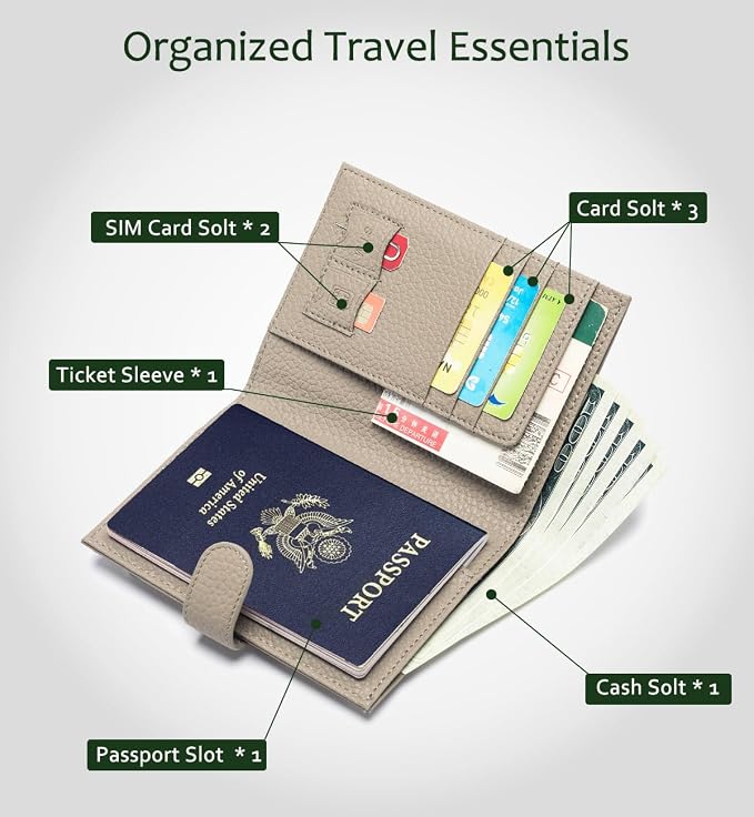 RFID Blocking Passport Wallet for Women, Leather Travel Wallet | Slim Leather Passport Cases for Travel with 1 Passport Slot & 3 Card Slots, Coin Pocket & SIM Slot Elephant Gray
