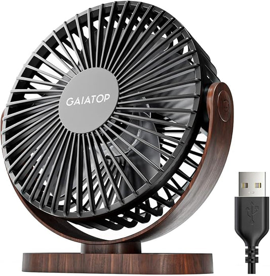 Gaiatop USB Desk Fan, 5.5 Inch Small Quiet Powerful 3 Speeds 90° Rotate, Personal Mini Portable Desktop Table Fans, Cooling for Home Office Car Travel Indoor Outdoor Wood Grain