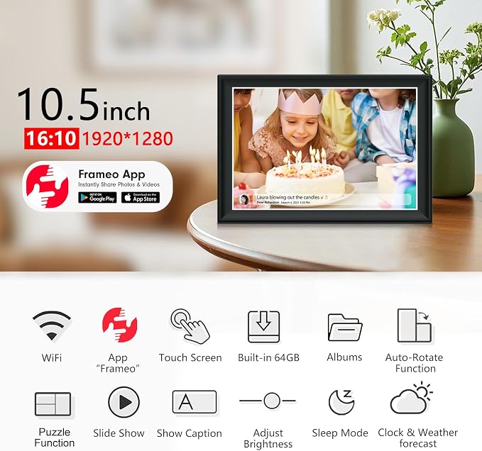64GB FRAMEO 10.5 Inch Smart WiFi Digital Photo Frame 1920x1280 FHD IPS LCD Touch Screen, Auto-Rotate, 64GB Storage, Support SD Card & USB Drive, Share Moments Instantly via Frameo App from Anywhere