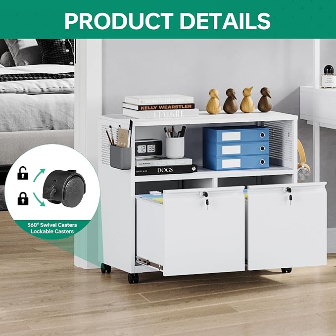 Mobile 2 Drawer File Cabinet with Lock, Metal Lateral Printer Stand Filing Storage Cabinets with Shelves for Home Office-A4/F4/Letter (White)