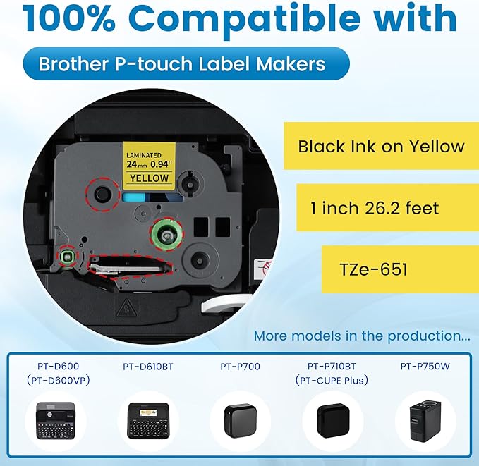 Freshworld 6PK TZe-651 Replace for Brother Label Maker Tape 24mm Yellow Laminated Compatible with Brother P-Touch Label Tape 1 inch Yellow Refills TZe651 for PT-D600 D610BT P700 P710BT P750W P910BT