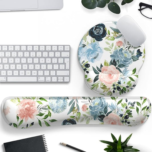 Green Blue Pink Floral Mouse Pad Wrist Support Keyboard Wrist Rest Set, Ergonomic Mouse Pad with Non-Slip Pu Base for Computer Office Comfortable Mouse Wrist Rest Easy Typing & Pain Relief Mouse Pad.