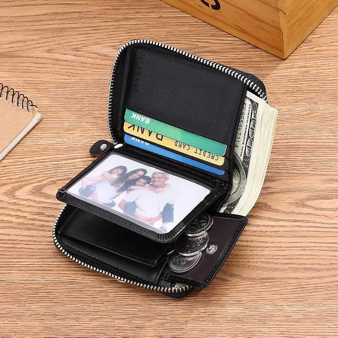 Wallets For Men Genuine Leather Short RFID Blocking Zip-around Bifold Wallet（Black）
