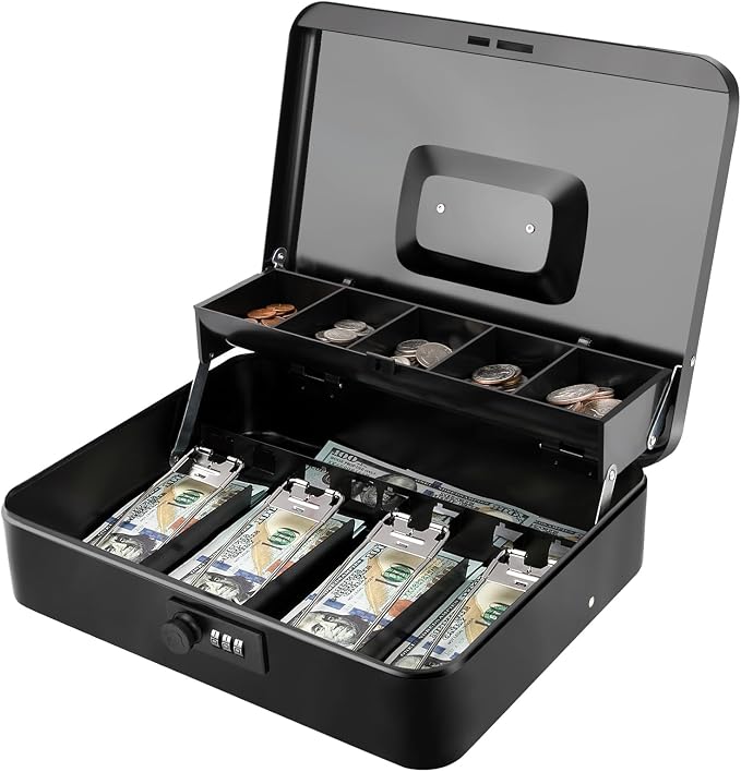 Jssmst Locking Large Metal Cash Box with Money Tray, Money Box with Combination Lock, Black