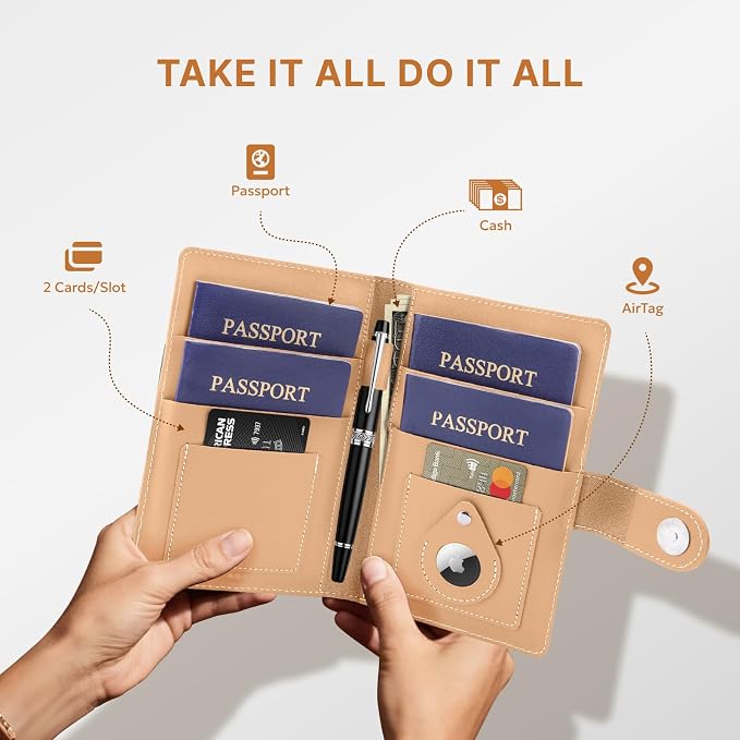 ALLIVE RFID Blocking Passport Wallet with AirTag Slot, Genuine Leather Passport Holder for Family Travel of 4, Travel Essentials & Gift, Airport Must-Have (Beige)