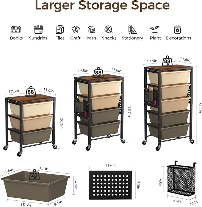 Rolling Cart with 3 Drawers, Plastic Drawer Storage Carts with Lockable Wheels & Wooden Tabletop, Metal Utility Cart Organizer, Office Bedroom Classroom Craft Organization and Storage, Dark Brown