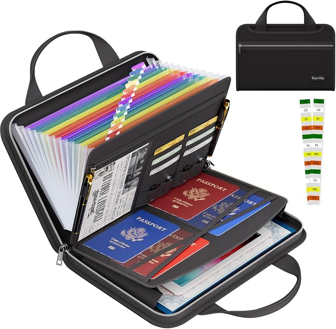 Tamfile Fireproof Accordion File Organizer, Expanding File Folder, Black | 13 Pocket Colorful, Handle, Zipper & Labels, Multi-Pockets Paper Organizer, for Letter A4 Files, Home, Office, School