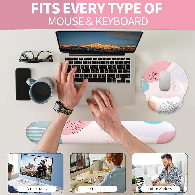 Mouse Pad Wrist Support, Ergonomic Memory Foam Keyboard Wrist Pad & Gel Wrist Rest Set for Computer Keyboard for Easy Typing & Pain Relief for Office & Home (Floral Fantasy Set)