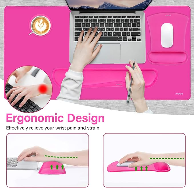 MOSISO Keyboard Mouse Pad Set, Large Gaming Mousepad&Keyboard Wrist Rest&Mouse Wrist Rest&Coaster, Ergonomic Non-Slip Mousepad&Easy Typing Cushion with Memory Foam for Home Office, Bright Rose